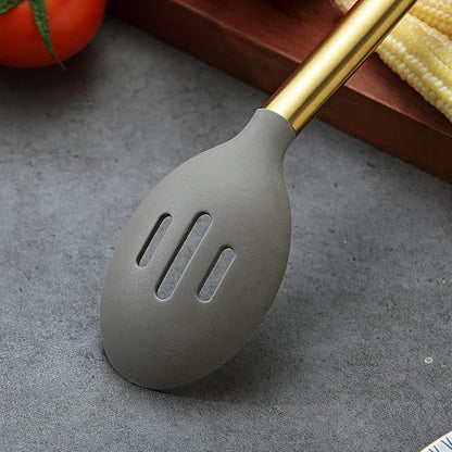 Berglander Non-stick Silicone Slotted Spoon, Titanium Gold Plated Handle, Basting Spoon, Dishwasher Safe, Easy to Clean