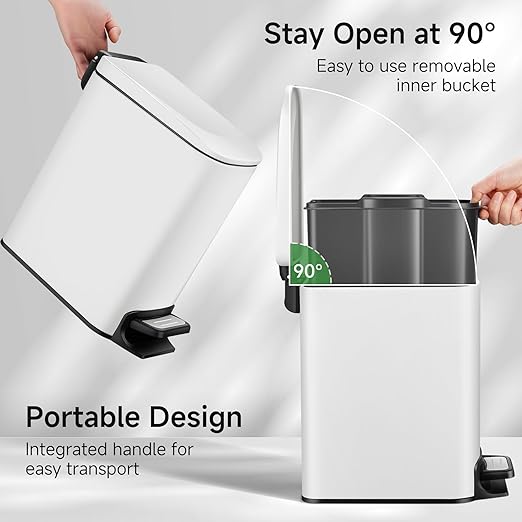 TIPGO Slim Bathroom Trash Can with Lid Soft Close, Step Pedal, 6 Liter / 1.6 Gallon Stainless Steel Trash Bin, Small Garbage Cans for Bedroom, Office, Kitchen (White) - Image 3