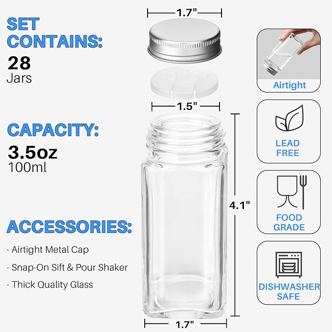 Antimbee 28 Pcs Clear Glass Spice Jars,3.5 oz Glass spice jar with 324 labels, Funnel,Chalk Pen,Shaker Lids and Airtight Metal Caps, Empty Square Spice Bottles for Spice Rack, Cabinet, Drawer - Image 2