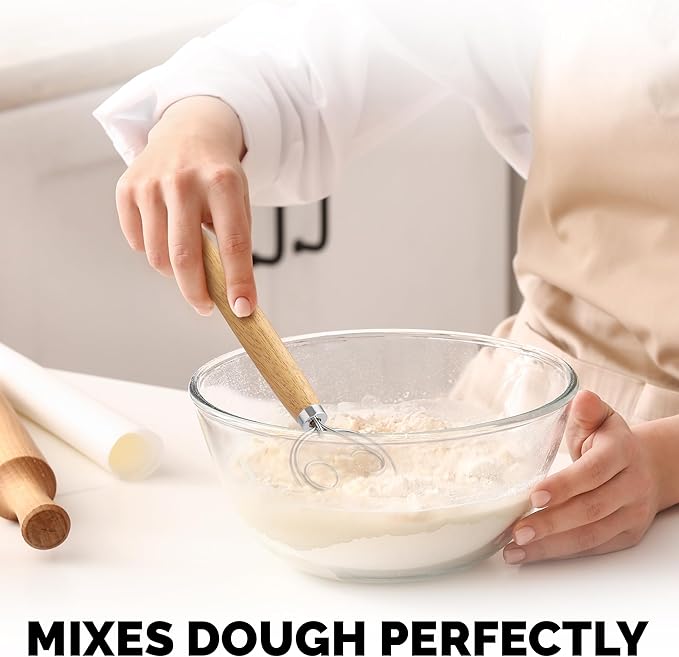 Zulay Kitchen Double-Eye 13" Danish Dough Whisk - Durable Easy Mixing Bread Whisk, Stainless Steel Danish Dough Hook, Sourdough Whisk For Mixing, Traditional Dutch Whisk, Dough Mixer Tool - Acacia - Image 7