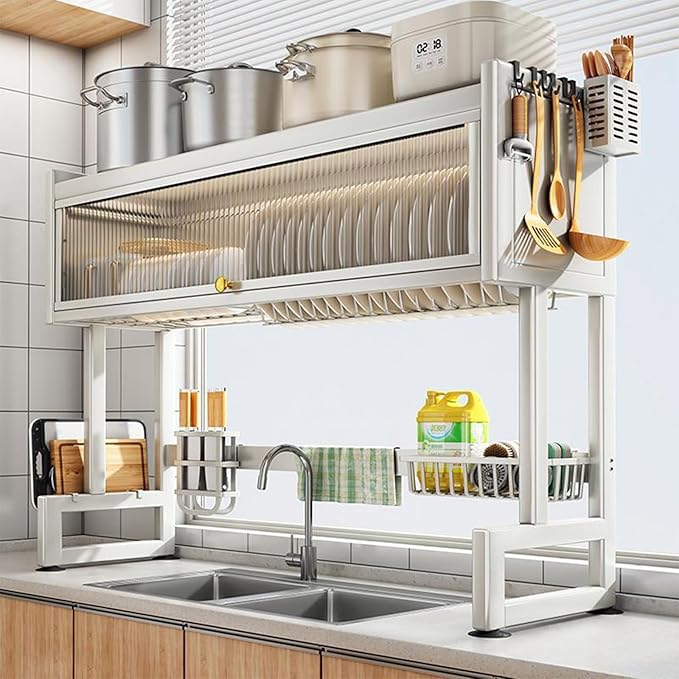 Milkshake White 3 Tier Over Sink Dish Rack Drainer with Cover - Space-Saving Organized Drying Rack for Dishes, Glasses, Bowls, Cutlery - Image 2