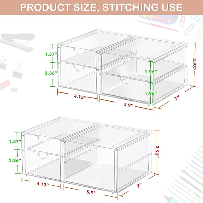 caktraie 2 Pack Desk Organizers, Makeup Organizer Storage with 7 Drawers, Desktop Office Supplies, Clear Desk Accessories, Dustproof Drawer Organizer and Storage for Make Up, Jewelry, Pen - Image 3