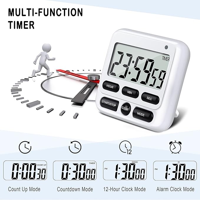 KTKUDY Digital Kitchen Timer with Mute/Loud Alarm Switch ON/Off Switch, 12-Hour Clock & Alarm, Memory Function Count Up & Count Down for Kids Teachers Cooking, Large LCD Display, Strong Magnet (White) - Image 4