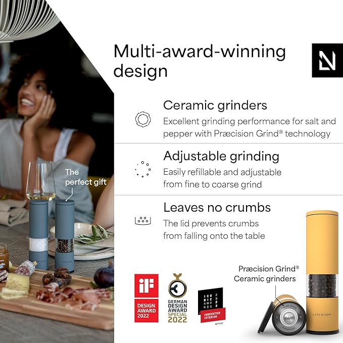 LARS NYSØM Salt and Pepper Grinder Set Manual, Stainless Steel Salt and Pepper Mills with Adjustable Ceramic Grinder I Design Spice Shakers (Mustard Yellow) - Image 2