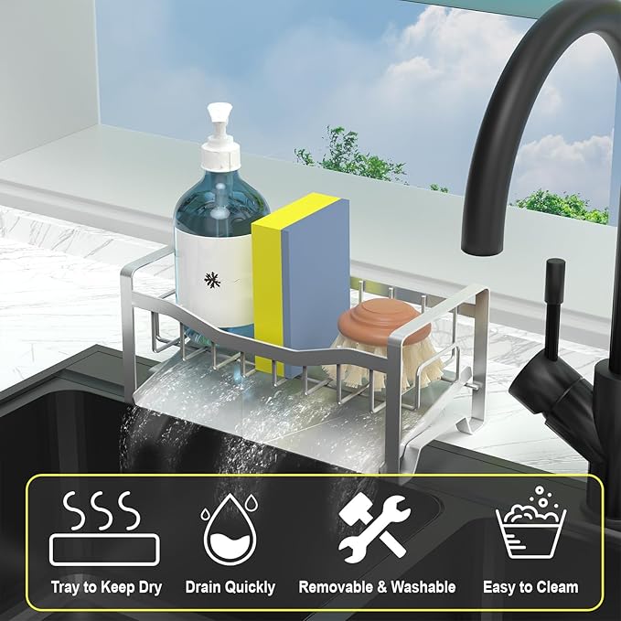 Maifan Kitchen Sink Caddy Organizer Sponge Holder for Kitchen Sink with Stainless Steel Auto Drain Tray, Self Drain Dish Soap Sponge Caddy Rack for Countertop Storage Gadgets Silver Grey - Image 3