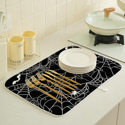 Halloween Dish Drying Mat 18 x 24 Inch Bat Spider Web Drying Mat for Kitchen Counter Absorbent Spiders Black Dishes Dry Pad for Drainer Rack Kitchen Fast Dry