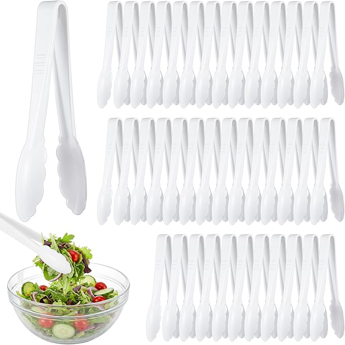 Tessco for you 50 Pcs Plastic Tongs for Serving Bulk, 9 Inch Plastic Disposable Serving Tongs, Heavy Duty Salad Tong for Kitchen, Buffet, BBQ, Events & Catering (White) by Tessco