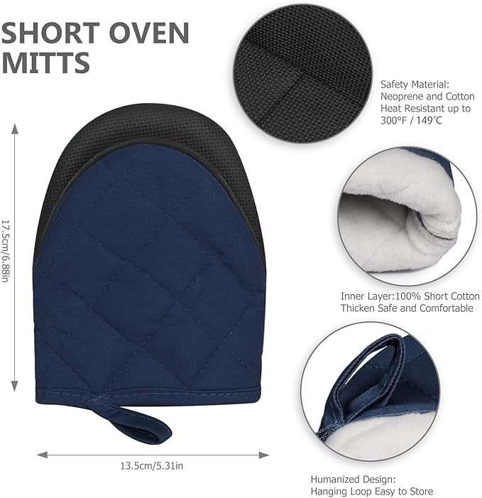 1 Pair Short Oven Mitts - Silicone Kitchen Oven Gloves High Heat Resistant 500℉, Mini Oven Mits with Non-Slip Grip Surfaces and Hanging Loop for BBQ, Baking, Cooking and Grilling (Dark Blue) - Image 3