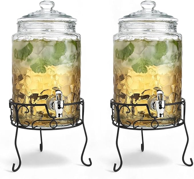 2 PACK 1.5 Gallon Drink dispenser, Classic Hammered Glass Beverage Dispenser With Elegant Stand, Drink Dispensers for Parties With Spigot 100% Leakproof. Perfect For Parties And Daily Use
