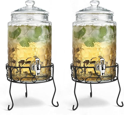 2 PACK 1.5 Gallon Drink dispenser, Classic Hammered Glass Beverage Dispenser With Elegant Stand, Drink Dispensers for Parties With Spigot 100% Leakproof. Perfect For Parties And Daily Use
