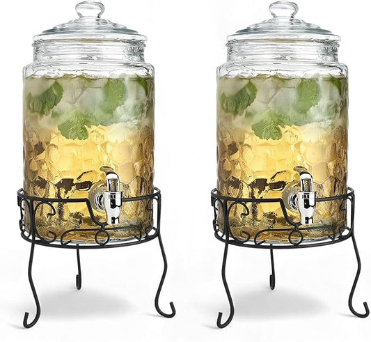 2 PACK 1.5 Gallon Drink dispenser, Classic Hammered Glass Beverage Dispenser With Elegant Stand, Drink Dispensers for Parties With Spigot 100% Leakproof. Perfect For Parties And Daily Use