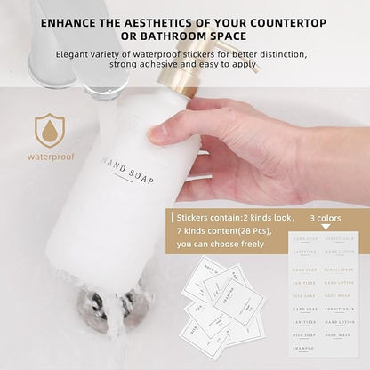 Soap Dispenser Bathroom - Dish and Hand Soap Dispenser Set, Glass Soap Lotion Dispenser with Pump for Kitchen with Tray, Waterproof Labels, 2 Lotion White Bottle/Gold Pump N