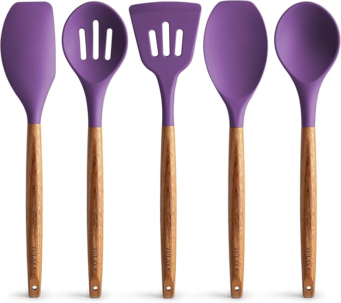 Zulay Kitchen Non-Stick Cooking Utensils Set with Authentic Acacia Wood Handles – 5-Piece Durable & Stylish Silicone Kitchen Utensils Set – Heat Resistant to 464°F – Purple by ZulayKitchen