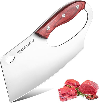 ROCOCO Easy Handle Meat Cleaver - Effort Saving Chef Knife Unique Professional for Kitchen Cutting Meat Vegetable Gift Red Full Tang Stainless Steel 7.48"