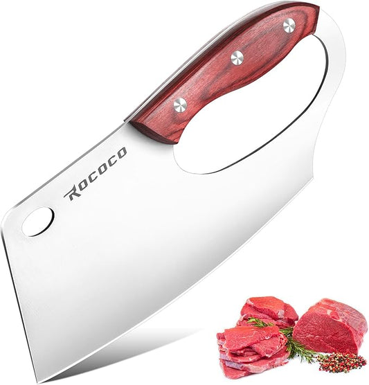 ROCOCO Easy Handle Meat Cleaver - Effort Saving Chef Knife Unique Professional for Kitchen Cutting Meat Vegetable Gift Red Full Tang Stainless Steel 7.48"