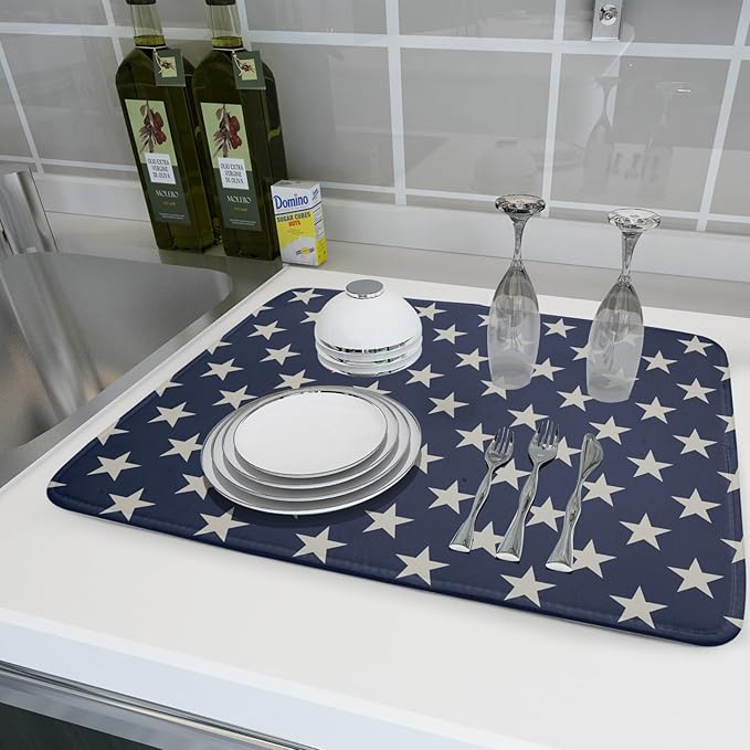 Patriotic July of 4th Blue Star Dish Drying Mat for Kitchen Counter 18x24 Memorial Independence Day Absorbent Reversible Microfiber Drying Mats Kitchen Countertop Protector Dishes Drainer Pad - Image 6