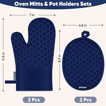 Oven Mitts and Pot Holders 4 Sets, Heat Resistant 500 ℉ Oven Mitt and Pot Holder,Oven Glove&Potholders with Non-Slip Silicone Surface,Kitchen Essentials for Cooking/Baking/BBQ-Marine Blue - Image 2