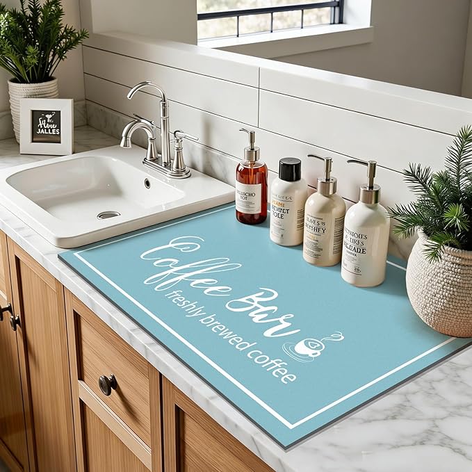 Findosom Dish Drying Mat, 12"x 20" Super Absorbent & Hide Stain Coffee Mat, Cuttable Drying Mat for Kitchen Counter, Coffee Bar Accessories, Under Dish Rack, Coffee Maker, Espresso Machine, Blue - Image 7