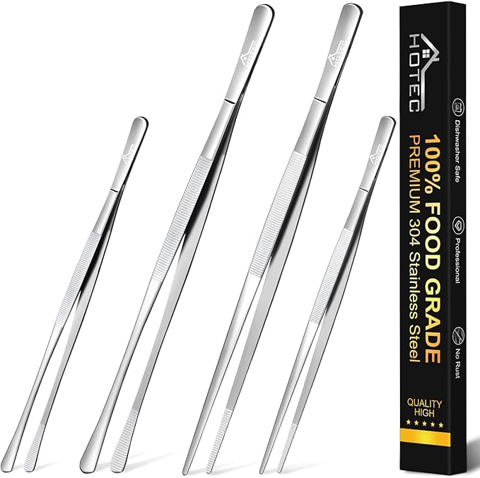 HOTEC Kitchen Tweezers Tongs Stainless Steel, Set of 4-10" and 12inch Extra-Long Food Tweezers Fine Kitchen Tongs for Cooking,Grill and Baking by Hotec