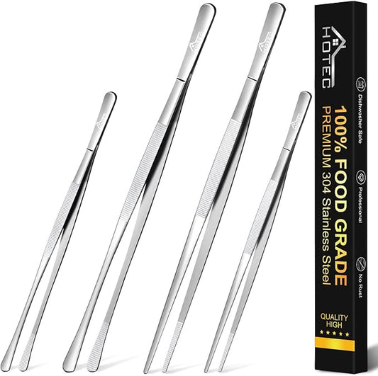 HOTEC Kitchen Tweezers Tongs Stainless Steel, Set of 4-10" and 12inch Extra-Long Food Tweezers Fine Kitchen Tongs for Cooking,Grill and Baking by Hotec
