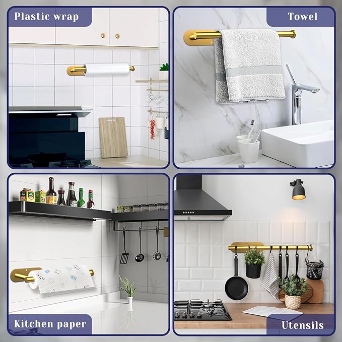 Paper Towel Holder, Self Adhesive or Drilling Paper Towel Holder Under Cabinet, Stainless Steel Paper Towel Holders Wall Mount for Kitchen, Bathroom, Sink, Pantry, Fridge (Gold) - Image 2