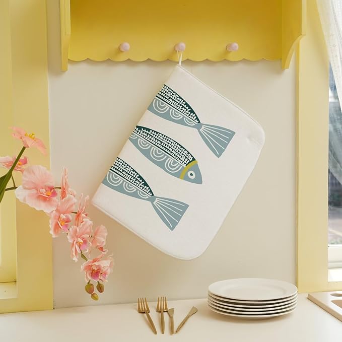 Coastal Dish Drying Mat 18 x 24 inch Beach Blue Fish Print Decorative Drying Mats Microfiber Absorbent Ocean Dish Washable Draining Mat for Kitchen Counter Decor