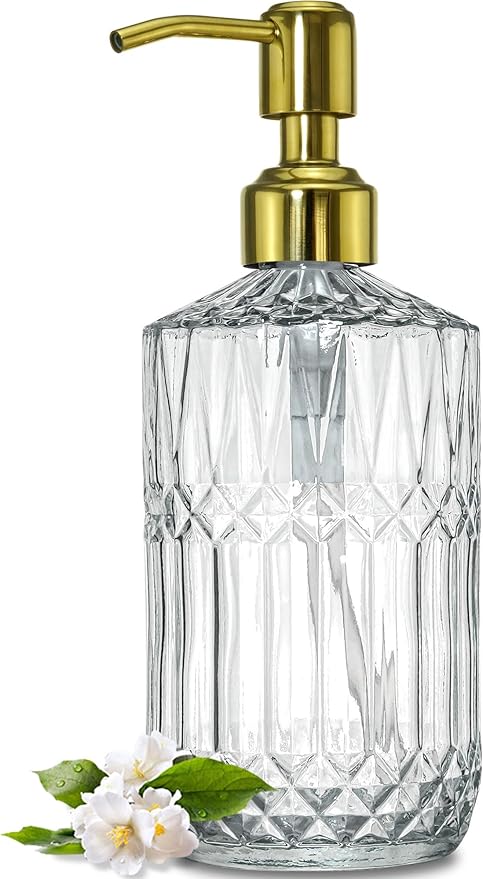 JASAI 18Oz Dazzling Clear Glass Soap Dispenser with Golden Pump for Bathroom, Refillable Kitchen soap Dispenser for Dish Soap, Bathroom Soap Dispenser for Hand Soap, Lotion.(Golden) by JASAIHOME