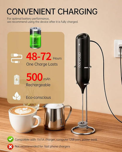 CIRCLE JOY Electric Rechargeable Milk Frother Handheld with Stand, Electric Whisk Milk Frother Wand with Dual Spring Whisk, Portable Drink Mixer for Coffee Cappuccino Latte Matcha, Black