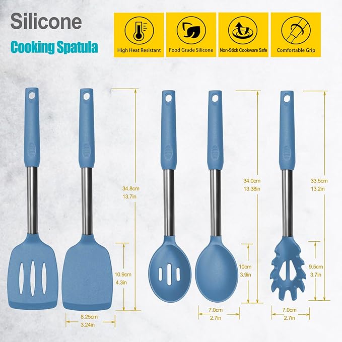 Silicone Spatula and Cooking Spoon,5 Pack Solid & Slotted Spoons and Spatulas High Heat resitant for Kitchen, Stainless Steel Handle Coated with Silicone, Non Stick Utensil, Starry blue - Image 2