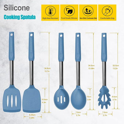 Silicone Spatula and Cooking Spoon,5 Pack Solid & Slotted Spoons and Spatulas High Heat resitant for Kitchen, Stainless Steel Handle Coated with Silicone, Non Stick Utensil, Starry blue - Image 2