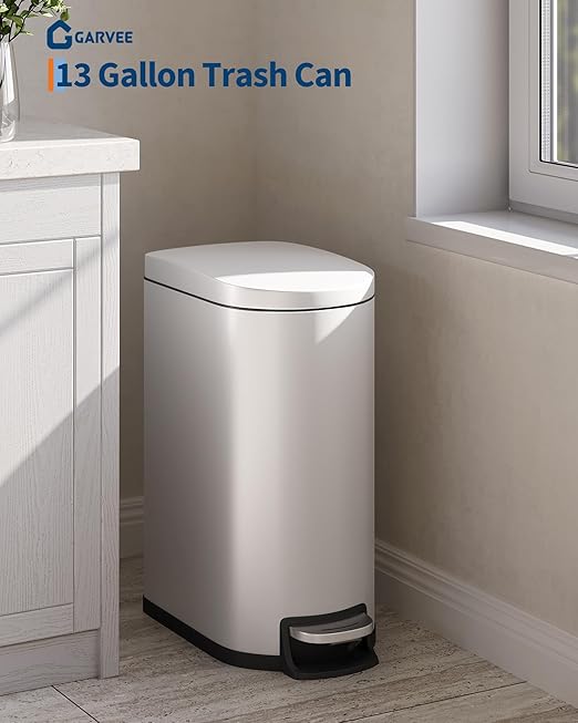 Garvee 13 gal / 50 L Metal Kitchen Trash Can with Lid, Slim Rustproof Garbage Can, Large Step-on Trash Bin with Inner Bucket, Rear Handle, Soft Close Lid, White - Image 2