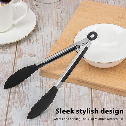 Serving Tongs Kitchen Tongs - Heat Resistant, Premium Stainless Steel Locking Cooking Tongs with Silicone Tips, Non-Slip Food Tongs for Cooking, Heavy Duty, Non-Stick (9 Inch(4 Pack))