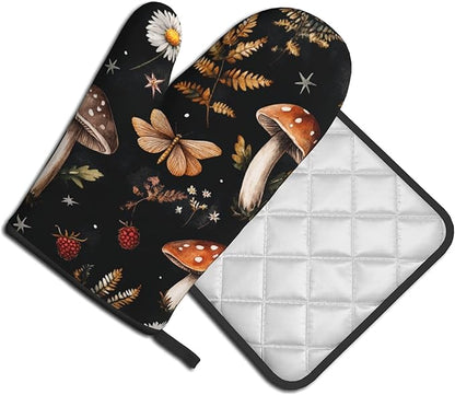 Mushroom Oven Mitts Set – Vintage Pot Holders Kitchen Gloves for Women Farmhouse Kitchen Mitts Floral Herb Potholders Set of 2 Durable for Cooking Baking - Image 2
