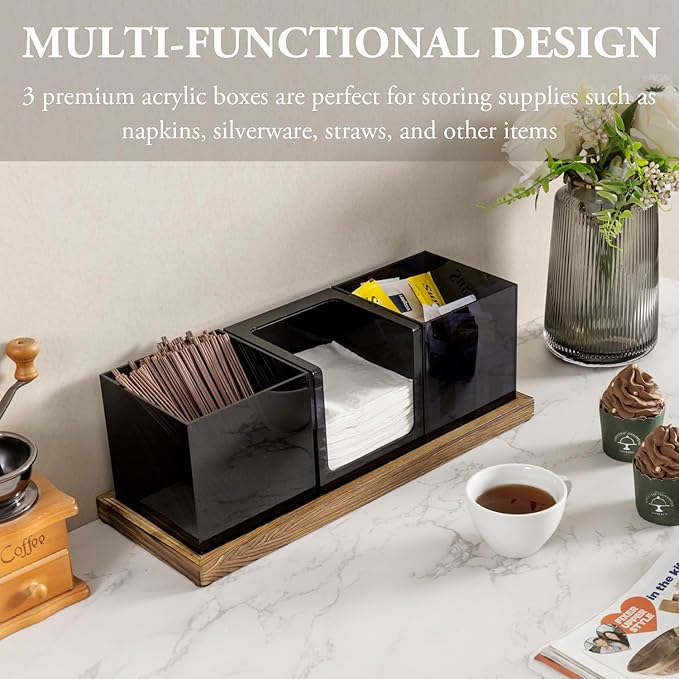 MyGift Coffee Organizer, Modern Acrylic Coffee and Tea Organizer with 3 Removable Premium Translucent Black Acrylic Compartments and Rustic Burnt Solid Wood Decorative Tray, 4 Piece Set - Image 2