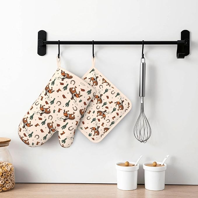 Western Cactus Cowboy Boho Silicone Oven Mitts Pan Mats Set of 2, Heat Resistant Gloves Potholder with Non-Slip Grips Hanging Loops Pot Holder, Spring Summer for Chef Cooking, Baking, Grilling, BBQ