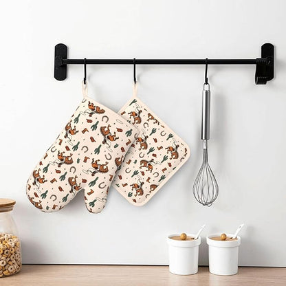 Western Cactus Cowboy Boho Silicone Oven Mitts Pan Mats Set of 2, Heat Resistant Gloves Potholder with Non-Slip Grips Hanging Loops Pot Holder, Spring Summer for Chef Cooking, Baking, Grilling, BBQ