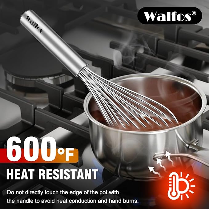 Walfos Whisk,304 Stainless Steel whisk,No-Rust 7+9+11inch Whisks for cooking Nice for Blending,Whisking,Beating.Heat resistant 600°F Dishwasher Safe. Heavy duty kitchen whisk.17.7+22.8+27.9cm -SILVER - Image 6