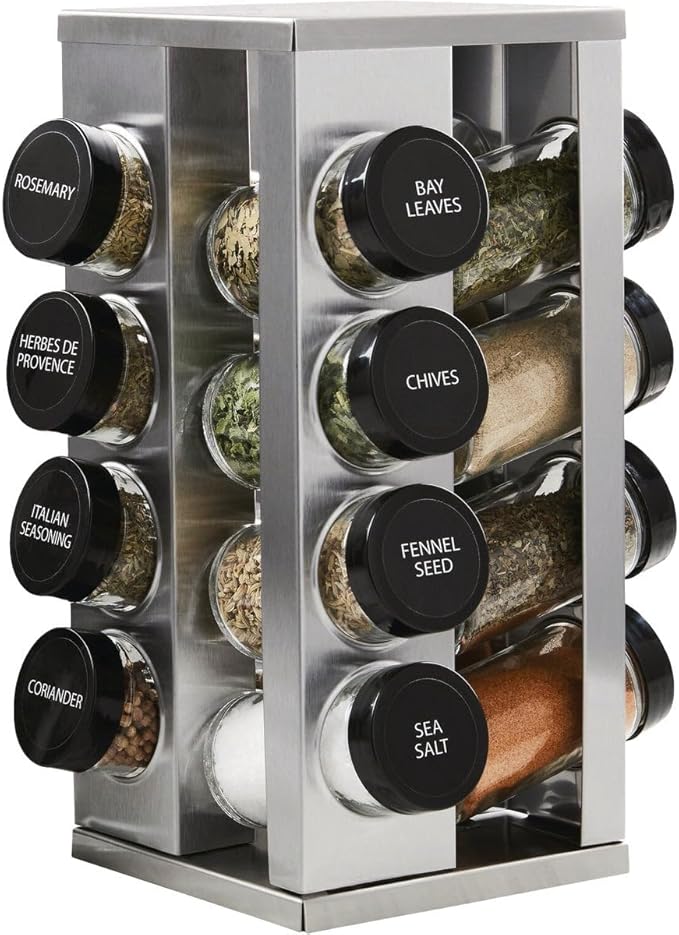 Kamenstein 16 Jar Heritage Revolving Countertop Spice Rack Organizer with Spices Included, FREE Spice Refills for 5 years, Brushed Stainless Steel with Black Caps | Revolving, Organizer, with Spices Included, with Black Caps by Kamenstein