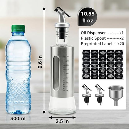 Olive Oil Dispenser for Kitchen, 2 Pack 10oz/300 ML Cooking Oil and Vinegar Dispenser Set with 20 Labels Stainless Steel Funnel, Olive Oil Bottle, Soy Sauce Dispenser, Coffee Syrup Bottles
