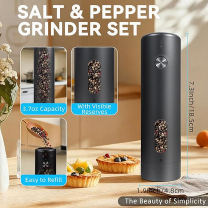 Electric Salt and Pepper Grinder Set with Dual Charging Base, Rechargeable Automatic Pepper Mill, 110ml Large Capacity, Adjustable Coarseness, One-Handed Operation for Kitchen, BBQ, Gift