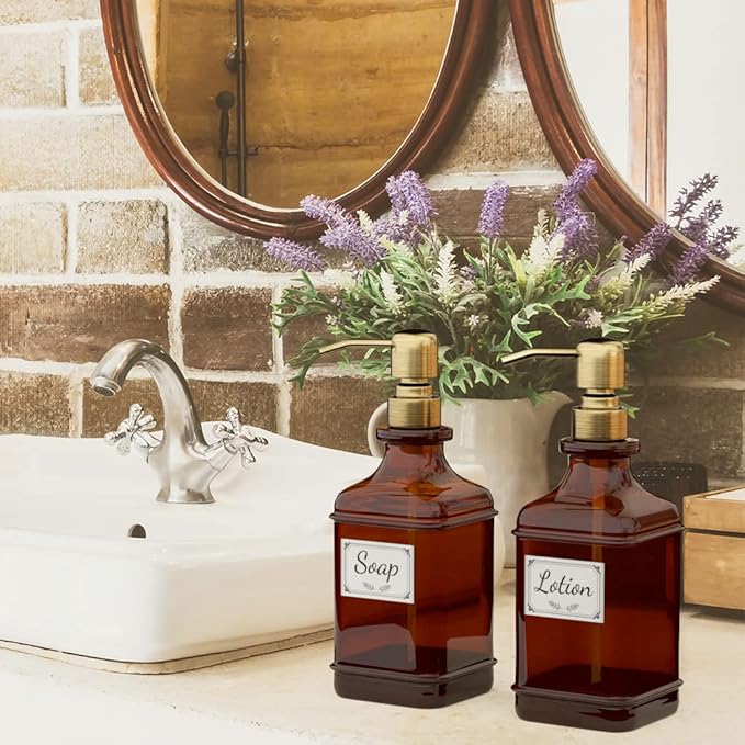 GLADPURE Soap Dispenser 2 Pack, Hand Soap Dispensers with 18 Oz Antique Design Thick Amber Glass Bottle, 316 Rust Proof Stainless Steel Pump, 6Pcs Stickers, for Lotion, Soap - Brushed Gold - Image 7