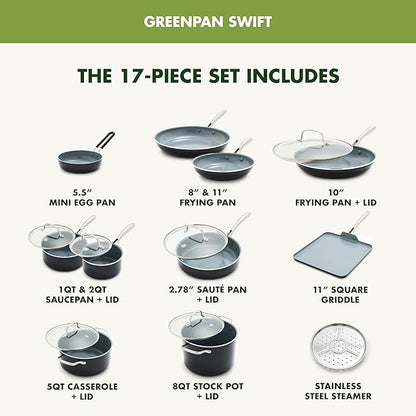 GreenPan 17 Piece Nonstick Swift Cookware Set, Ceramic PFAS-Free Pots & Pans with Lids, Dishwasher & Oven/Broiler Safe to 600F, Kitchen Cooking Set, Sauce, Saute, Stock, Griddle, Frying Pans, Gray - Image 3