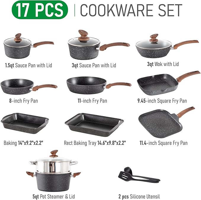MAISON ARTS 17 Piece Pots and Pans Set Non Stick, Kitchen Cookware Sets with Nonstick Granite Stone Coating, Suitable for Induction Cooktops, Black - Image 8