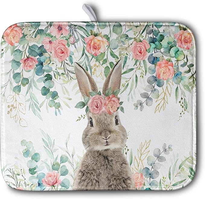 Easter Rabbit Dish Drying Mats for Kitchen Counter Easter Spring Watercolor Floral Bunny Absorbent Dish Drying Mat 16x18 Inch Absorbent Reversible Reusable Washable Dishes Drainer Mats by Kwlegh