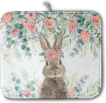 Easter Rabbit Dish Drying Mats for Kitchen Counter Easter Spring Watercolor Floral Bunny Absorbent Dish Drying Mat 16x18 Inch Absorbent Reversible Reusable Washable Dishes Drainer Mats by Kwlegh