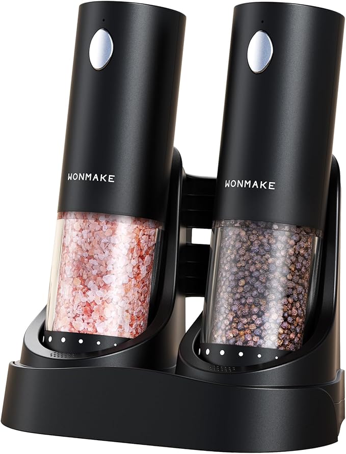 Electric Salt and Pepper Grinder Set - Automatic Refillable Salt and Pepper Grinders with Charging Base & LED Light, Adjustable Coarseness, One-handed Easy Operation, Ideal Kitchen Gadget by WONMAKE