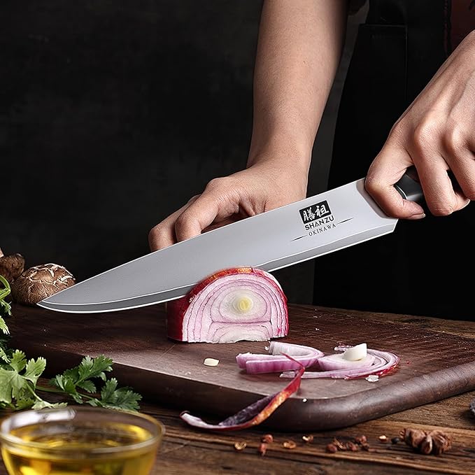 SHAN ZU Japanese Knife Set 3 PCs, High Carbon 10Cr15Mov Stainless Steel Chef Knife Set, Ultra-Sharp Professional Kitchen Knives Set with Ergonomic Pakkawood Handle and Elegant Gift Box - Image 9