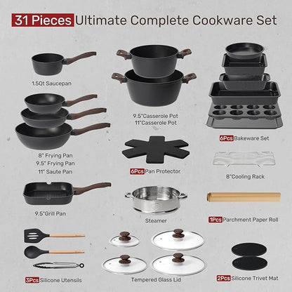 Kikcoin Pots and Pans Set Non Stick 31 Piece Kitchen Nonstick Cooking Cookware Sets with Grill Pan Saucepan Baking Sheet Utensil, Black - Image 2