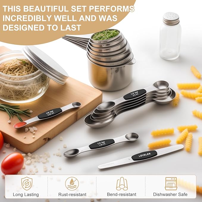 Stainless Steel Measuring Cups & Spoons Set, EWFEN Kitchen Tools Nesting Measuring Cups and Spoons, Fits in Spice Jars for Baking & Cooking, BPA Free, Set of 15 with Leveler, Black - Image 3