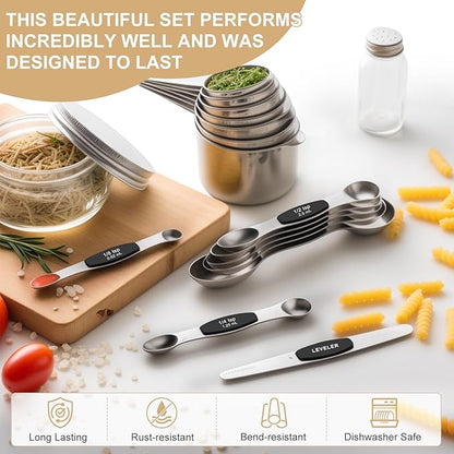 Stainless Steel Measuring Cups & Spoons Set, EWFEN Kitchen Tools Nesting Measuring Cups and Spoons, Fits in Spice Jars for Baking & Cooking, BPA Free, Set of 15 with Leveler, Black - Image 3